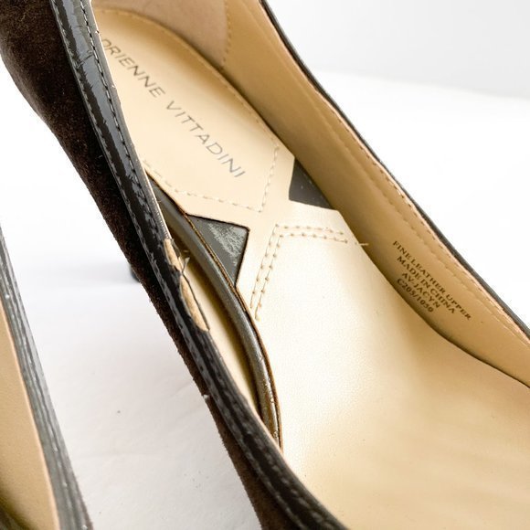 ADRIENNE VITTADINI Jacyn Brown Suede Heels Patent Leather Trim Bow Detail Sz 7.5 - Picture 8 of 8